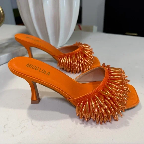 Miss Lola Ewan Orange Beaded Fringe Kitten Heel - Picture 5 of 7